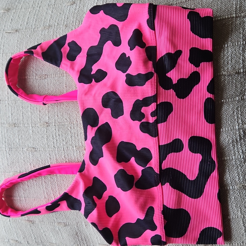 BEACH RIOT Ribbed Sports Bra Neon Pink Leopard Print, Small- Swim, Gym NWOT